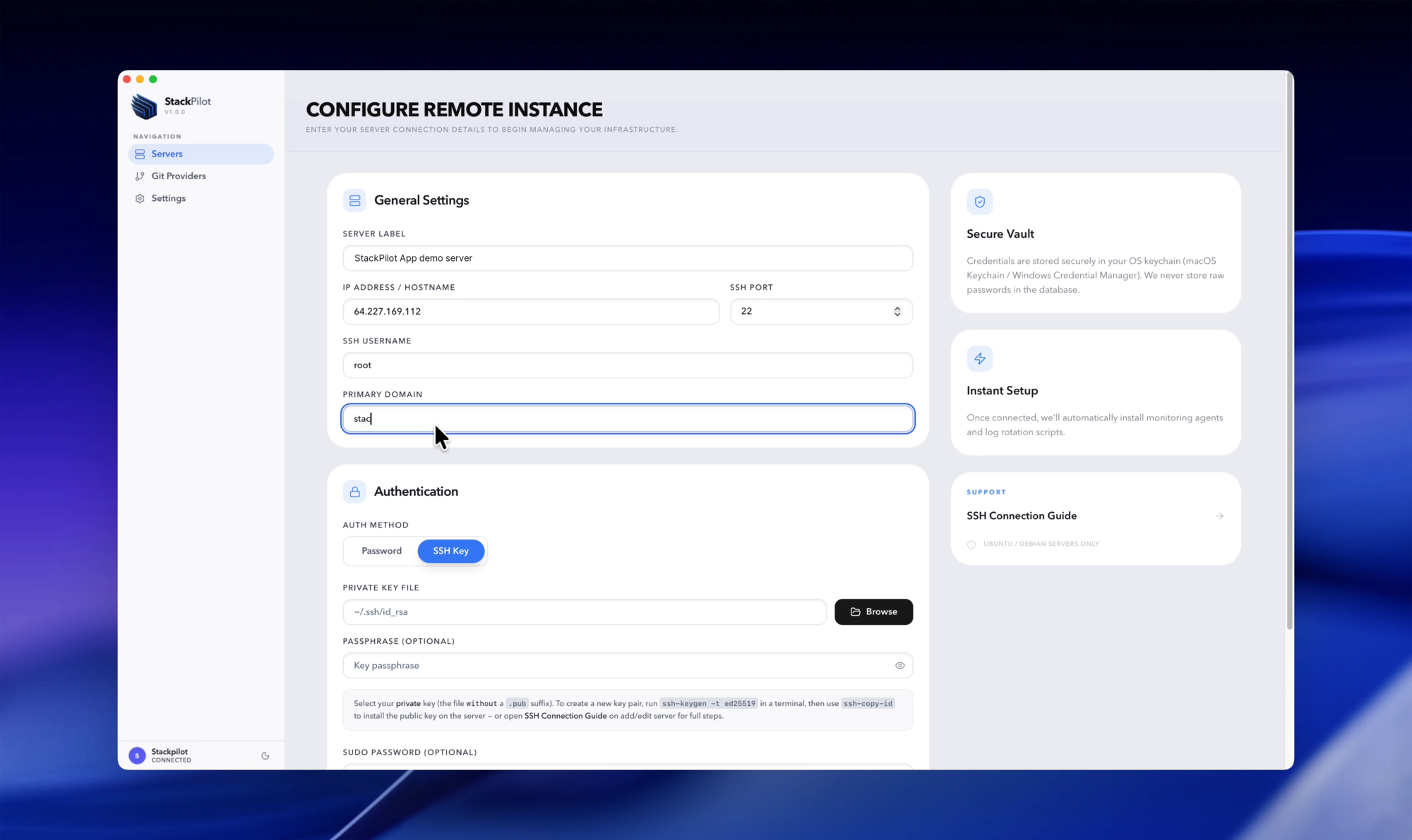 Server connection form in StackPilot App
