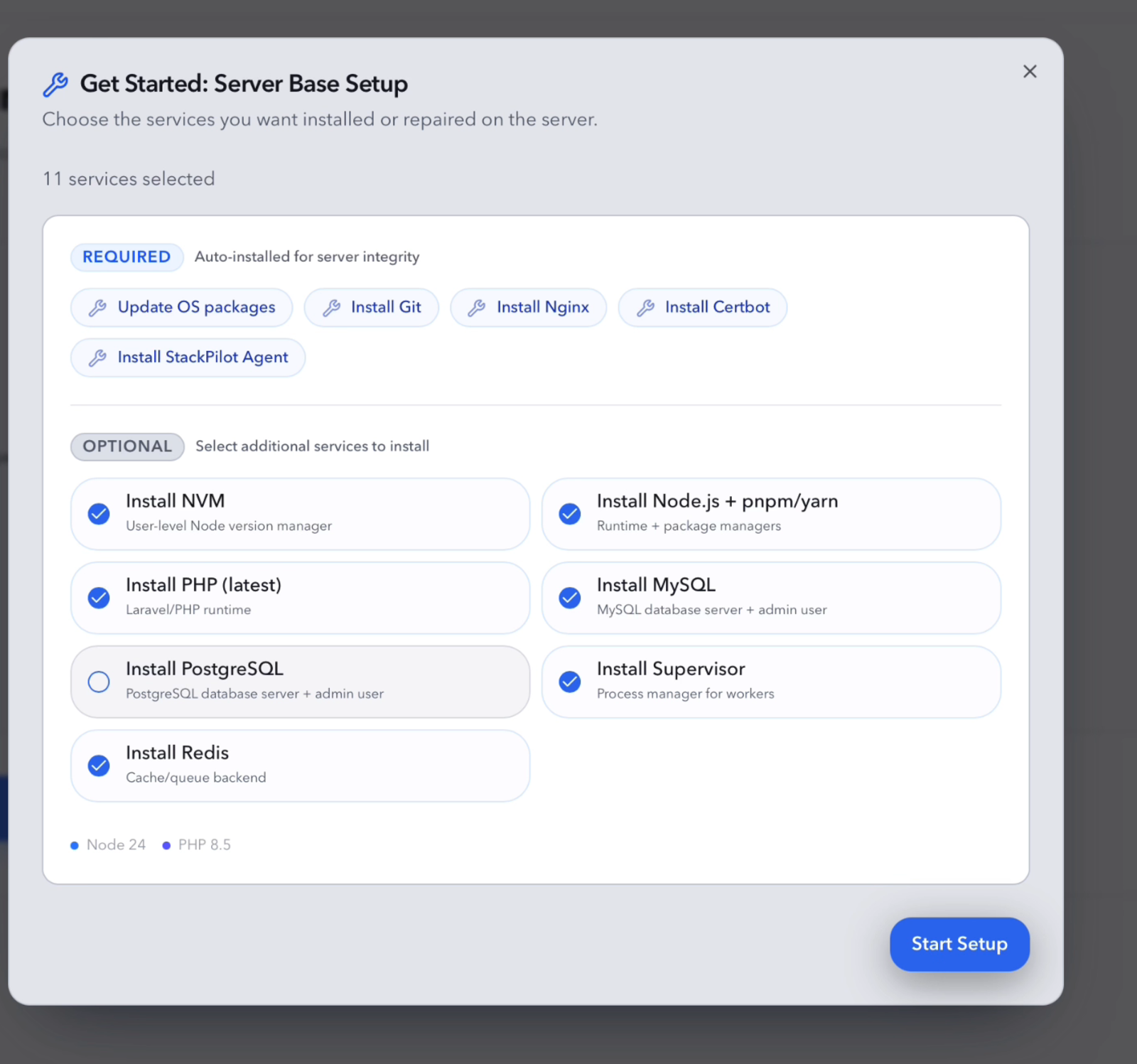 Base setup stack selection