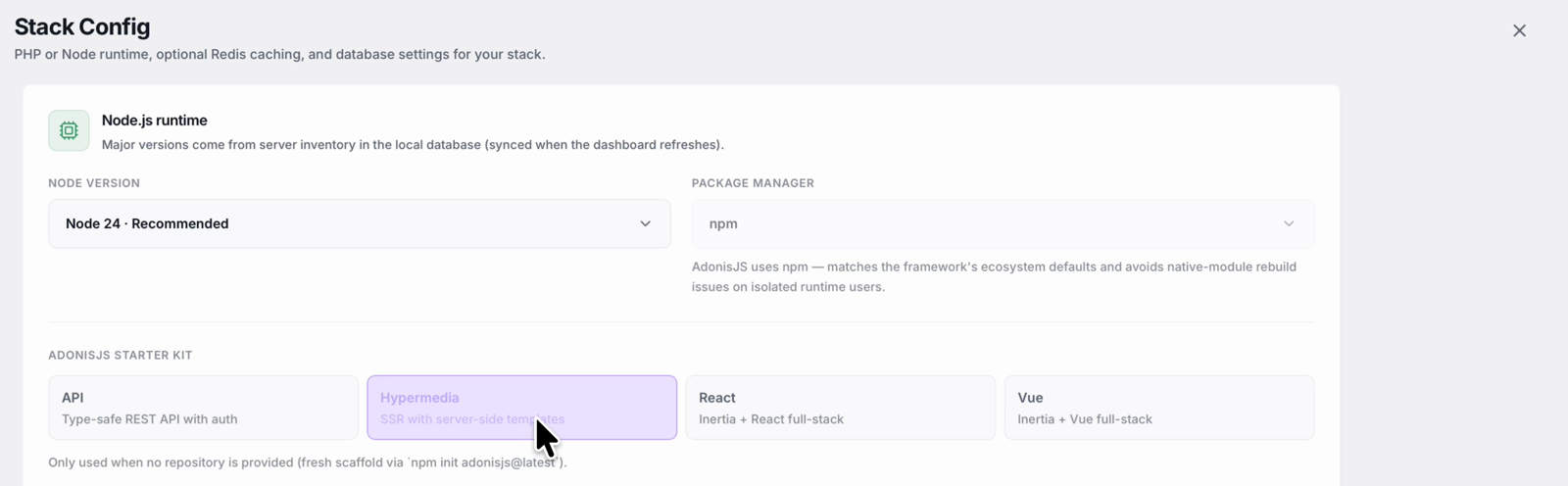 AdonisJS stack config in StackPilot App, showing Node 24, npm and the API, Hypermedia, React and Vue starter kits