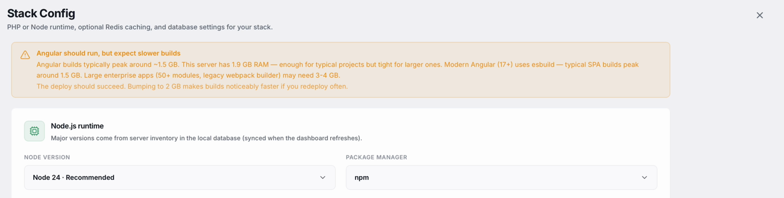 StackPilot App stack config for Angular, showing a memory warning for the build and Node 24 with npm