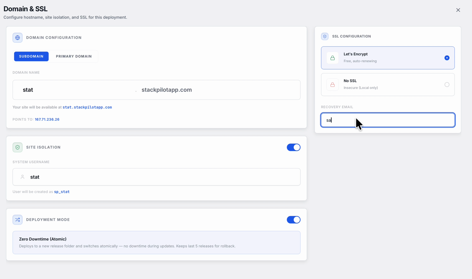 Configuring the domain, SSL and zero-downtime deploy mode for a Statamic site in StackPilot App